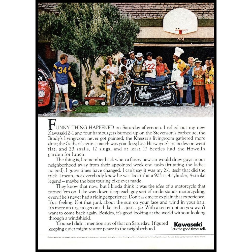 1975 Kawasaki Z-1 Motorcycle Cruiser Vintage Print Ad Neighborhood Wall Art